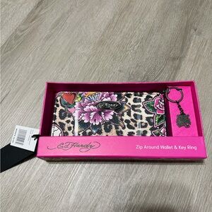 Ed Hardy Floral Leopard Key & Card Holder - Pink, Black, White